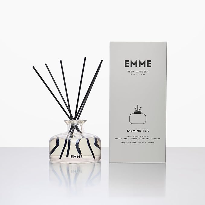 EMME NYC Jasmine Tea Reed Diffuser – Luxury Home Fragrance, Long Lasting Flameless Diffuser with Natural Reeds, Non-Toxic & Pet Safe, Premium Glass Vessel, 6 oz