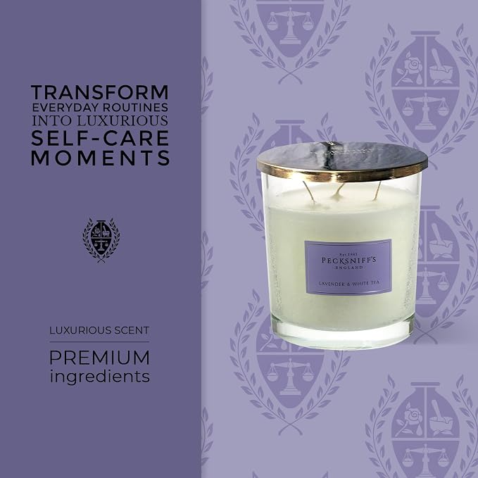 Pecksniffs Lavender & White Tea Scented Candle | Elegant Glass Vessel with Metal Lid Candles for Home Scented | 3 Wick Candles, 550g/19.4oz