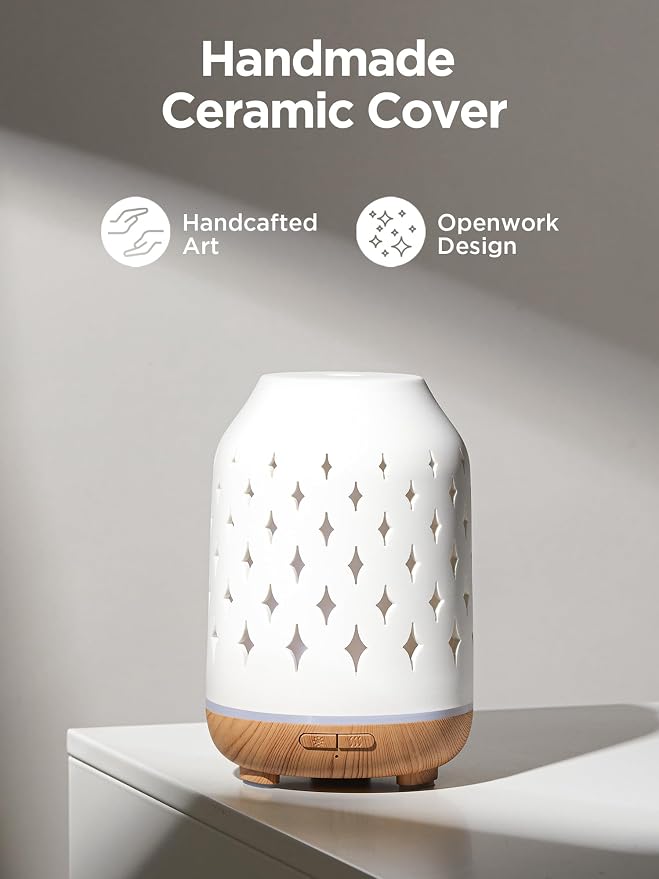 InnoGear Aromatherapy Diffuser, 150ml Ceramic Diffuser Mother's Gift Ultrasonic Humidifier Cool Mist Essential Oil Diffusers for Home Air Diffuser with 2 Mist Modes Waterless Auto Off, White