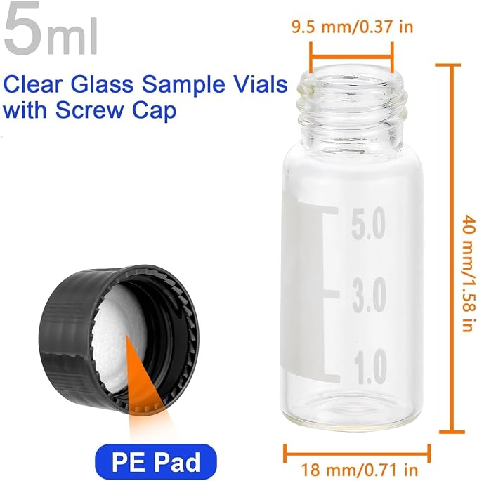 Kesell 10-Pack 5ml (0.17oz, 1.35dram) Glass Vials with Screw Caps | Borosilicate Glass, Clear, Graduated, Labeled | Small Vials for Samples