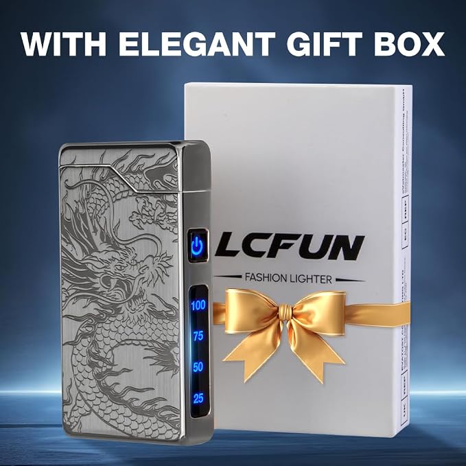 LcFun Electric Lighter - USB Rechargeable, Dual Arc Plasma Lighter, Windproof Flameless Lighters, Electronic Lighters with LED Battery Indication Gifts for Men Boyfriend Husband (Dragon Black)