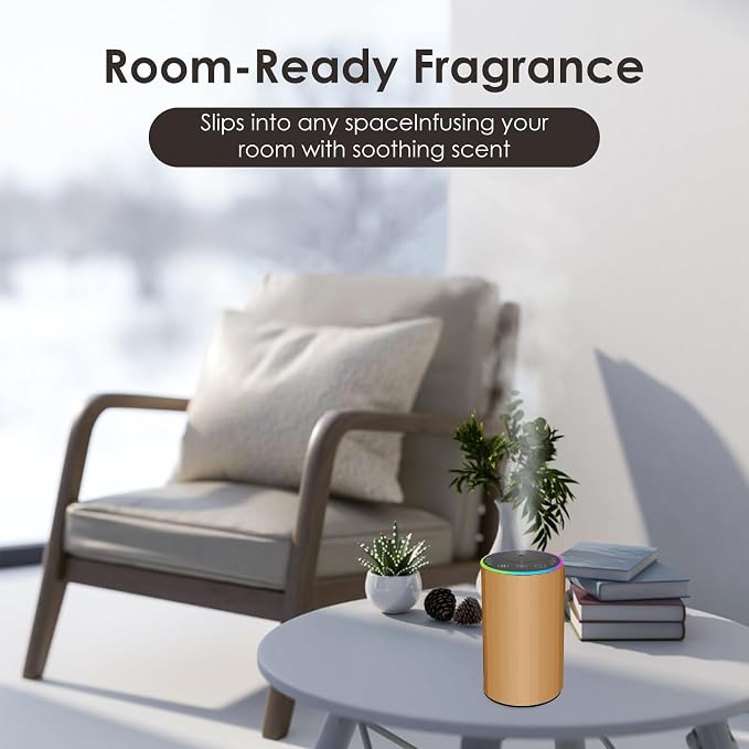 Waterless Essential Oil Diffuser, 7 Colors LED Light, Battery Powered Mini Scent Air Machine, Aromatherapy Mist Diffuser for Home Room Car Office，Black Aluminum Alloy (Gold-LED)