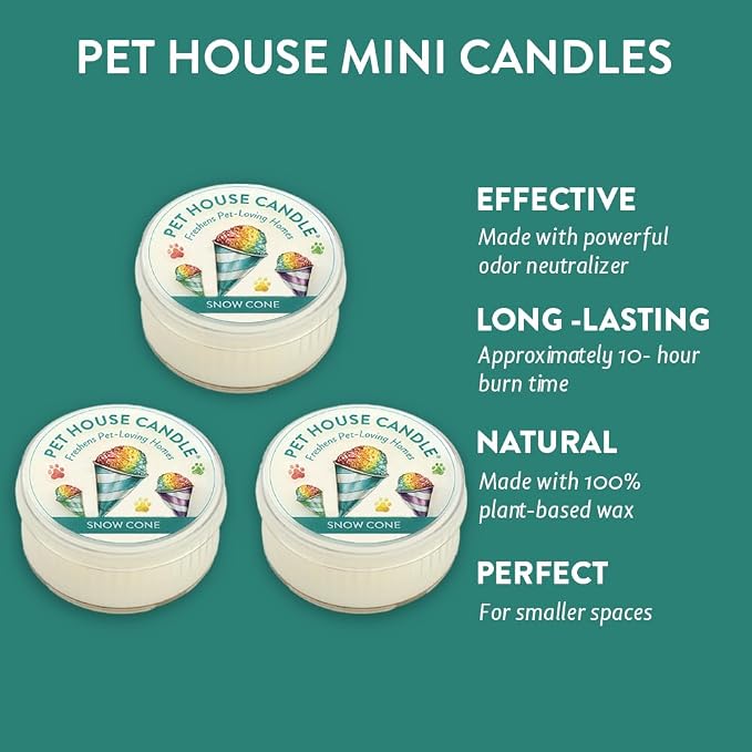 Pet House Mini Candles for Pet Odor Made with Natural Soy Wax, Plant Based, Dog and Cat Friendly Scented, Snow Cone Pack of 3