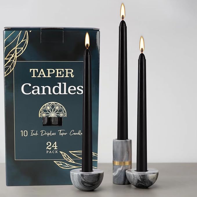 YOROXRG 24 Pack Black Taper Candles, 7-8 Hours Burn Time, Unscented, Smokeless and Dripless, 0.75 x 10 Inch Dinner Candle Set for Halloween, Household, Wedding, Party and Home Décor Candlesticks