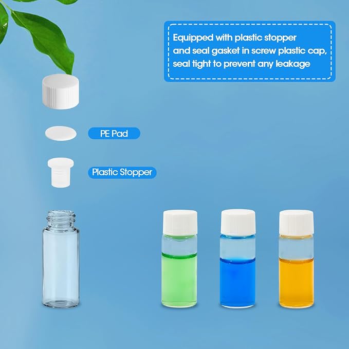 4ml Clear Glass Vials with Screw Caps and Plastic Stoppers, 1 Dram Small Liquid Sample Vial, Leak-Proof Vial, 12PCS(White Cap)