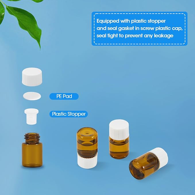 25PCS 2ml Amber Glass Vials with White Screw Caps and Plastic Stoppers, 1/2 Dram Leak-Proof Small Liquid Sample Bottles for Essential Oils, Perfumes, Reagents