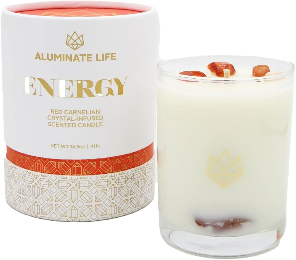 Luxury Glass Jar Candle, 14.5 OZ, Energy - Red Carnelian Healing Crystal Infused - Scents of Lemon, Grapefruit, & Bergamot - Passion, Confidence, & Vitality - Coconut Wax, Essential Oil
