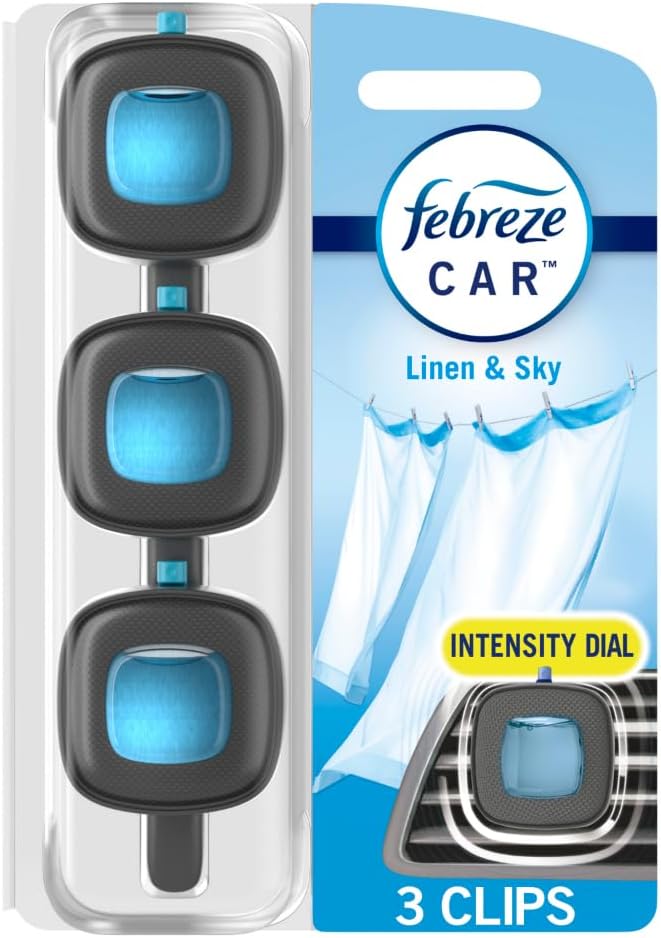Febreze Car Air Freshener, Odor-Fighting Automotive Vent Clip, Linen & Sky Scent, 3 Count