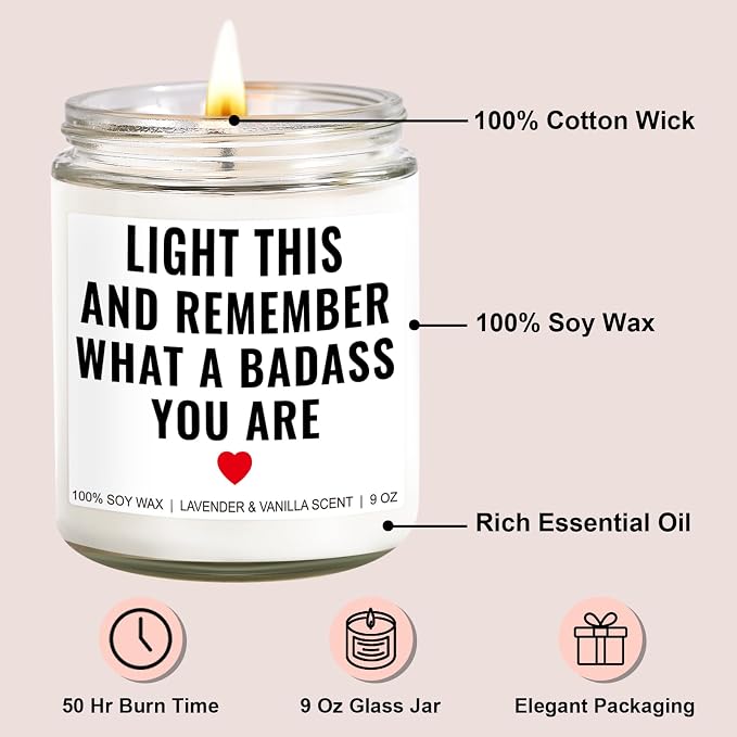 Younift You are a Badass Candle - Motivational & Inspirational Gifts for Women - Encouragement Gifts for Women, Men - Sobriety, Self Love, Self Care, Mental Health, Get Well Presents - 9 oz