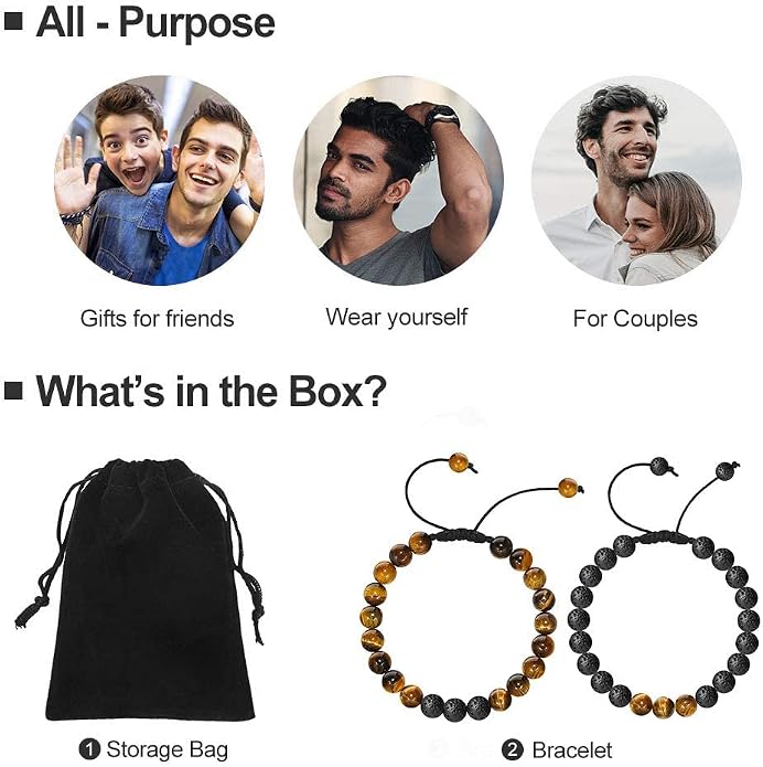 M MOOHAM Mens Bracelet - Beaded Natural Stone 8mm Tiger Eye Matte Agate Lava Rock Bracelets for Men Teen Boys Grandpa Dad Birthday Gifts Jewelry