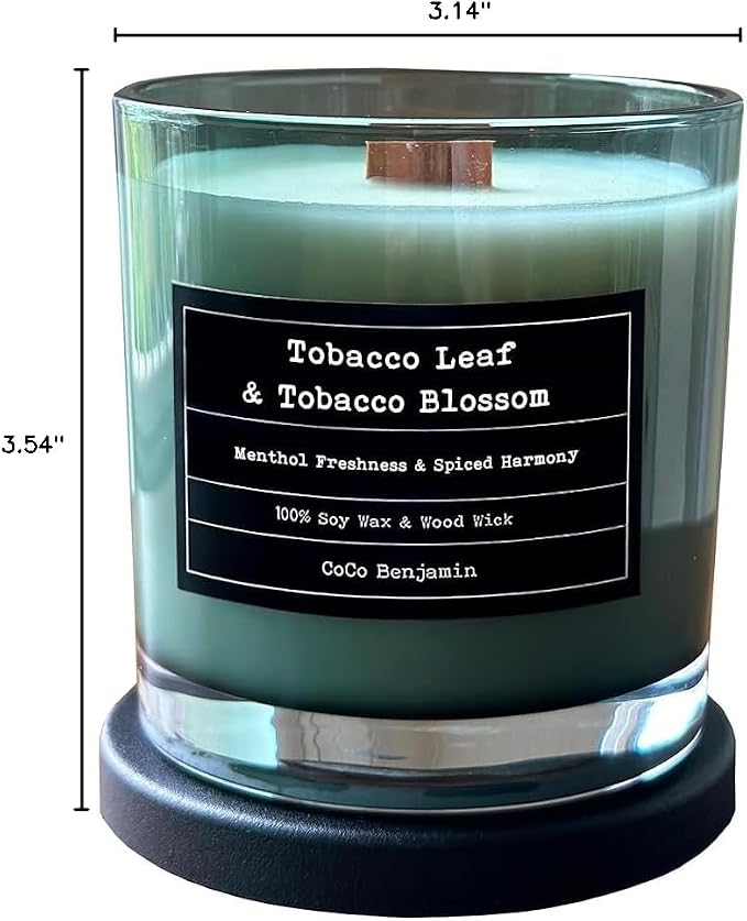 100% Soy, Highly Scented, Hand Poured Soy Candle (Tobacco Leaf & Tobacco Blossom (Wooden Wick))