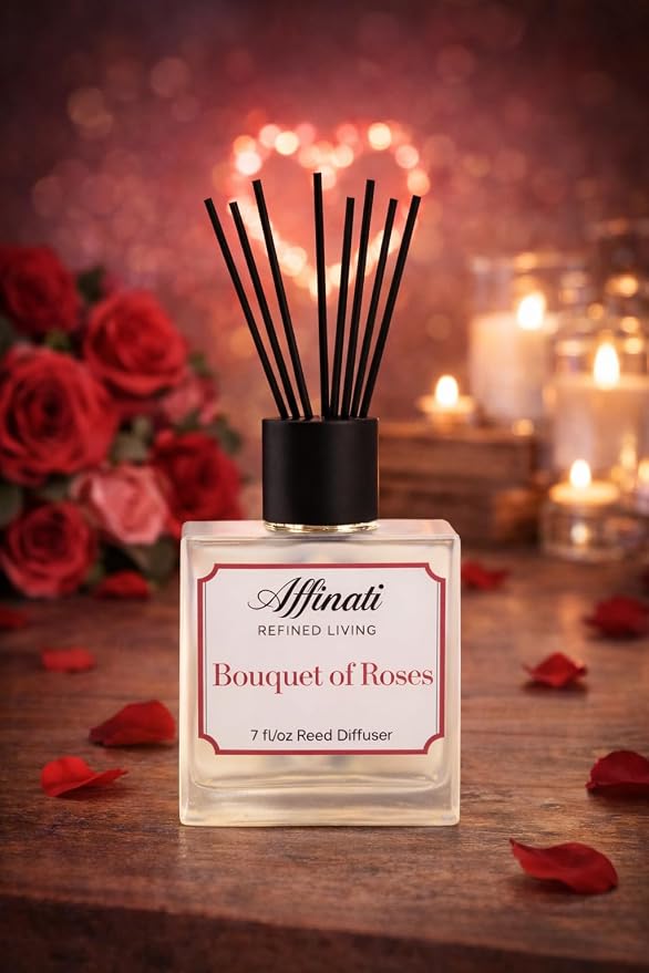 Affinati Bouquet of Roses Reed Diffuser – 7.0 fl oz Home Fragrance Diffuser with 8 Reeds – Long Lasting Flame Free Room Fragrance for Bedroom, Bathroom, Office & Living Room