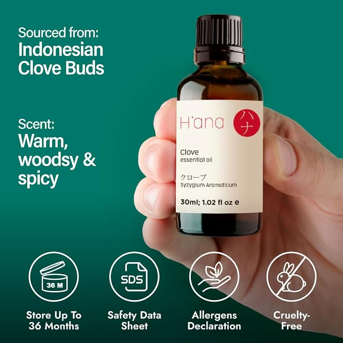 H'ana Clove Oil - 1.02 Fl Oz Clove Essential Oil for Hair, Skin, Diffuser, Aromatherapy & DIY