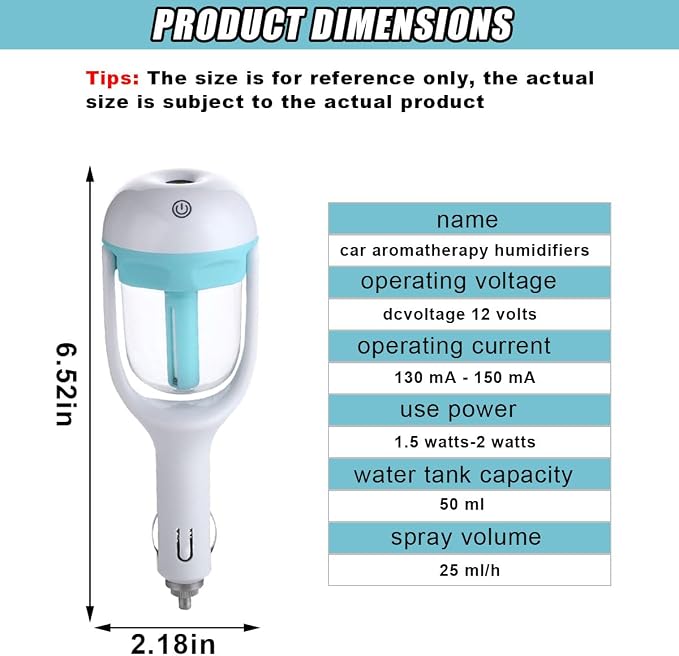 Car Humidifier, Portable Mini Aromatherapy Essential Oil Diffuser, 180-Degree Rotation Cool Mist Humidifier, Vehicle Air Freshener Diffuser with 12V Charging Port for Home Office (Blue)