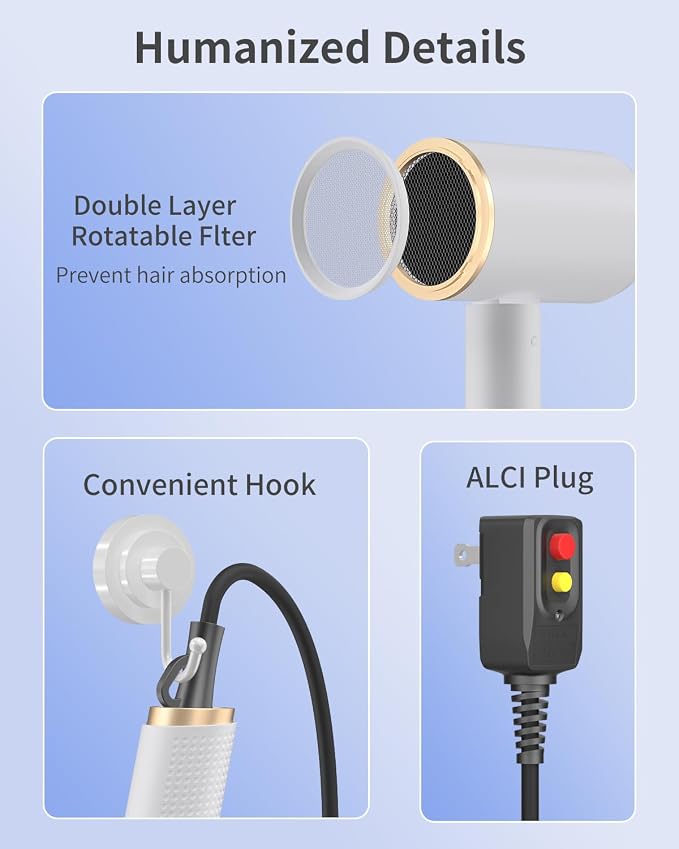 Foldable Portable Ionic Hair Dryer 1600W - Compact Mini Blow Dryer with Diffuser, Concentrator & Comb Nozzle, Intelligent Temperature Control, Low Noise for Home, Salon & Travel (White)