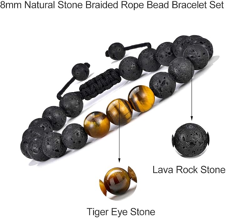 M MOOHAM Mens Bracelet - Beaded Natural Stone 8mm Tiger Eye Matte Agate Lava Rock Bracelets for Men Teen Boys Grandpa Dad Birthday Gifts Jewelry