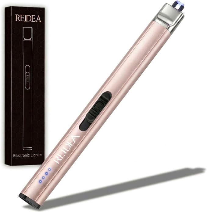 REIDEA Electric Lighter, R1 Pro Windproof Flameless USB Rechargeable Arc with Safe Button and Power Indicator for Candle, BBQ and Fireworks, Rose Gold