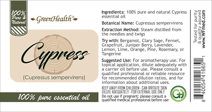 Cypress Essential Oil – 16 fl oz (473 ml) Aluminum Bottle w/Plug Cap – 100% Pure Essential Oil – GreenHealth