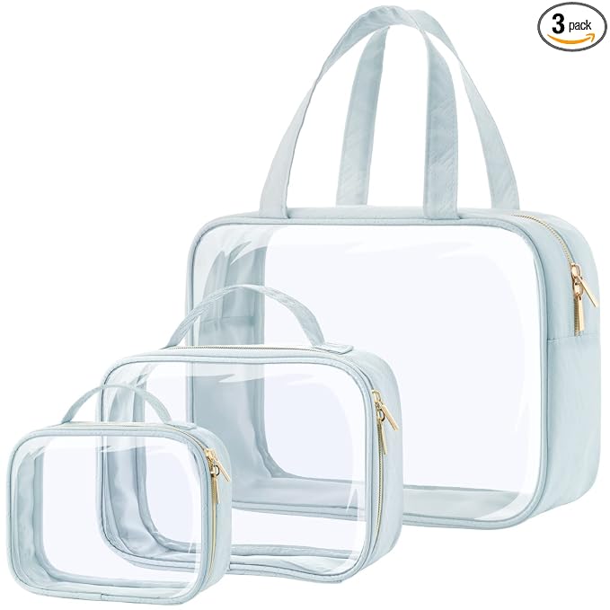 PACKISM Clear Makeup Bag Combo Pack, 1 TSA Approved Medium & Large/XL for Checked Luggage, Clear Toiletry Bag with Handle, Water-resistant Travel Essentials Organizer, Grayish Blue