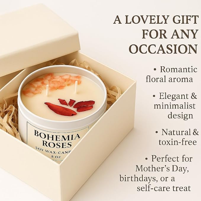 Bohemia Roses Soy Candle – 8 oz Luxury Floral Scented Candle – Romantic Rose Fragrance for Bedroom & Home Décor – Clean Burning Dual Wick – Aqua MARR