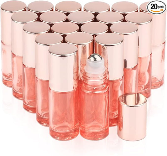 1/6 oz Pink Essential Oil Roller Bottle,20 Pcs Empty Glass Roll-On Vial with Stainless Steel Roller Ball,Rose Gold Lid,Portable Sample Container for Oils-Opener&Dropper Included