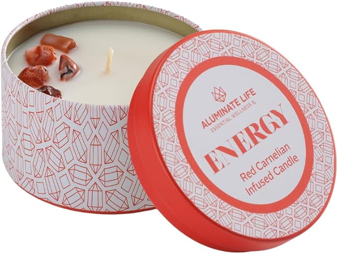 Luxury Candle Tin, 6 OZ, Energy - Red Carnelian Healing Crystal Infused - Scents of Lemon, Grapefruit, & Bergamot - Passion, Confidence, & Vitality - Coconut Wax, Essential Oil