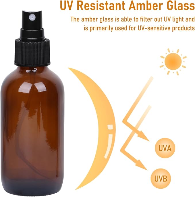 Jaisie.W 4 oz Glass Spray Bottles with Fine Mist Sprayer 16 Pack - Amber Refillable Empty Containers for Essential Oils, Perfumes, Toner, Hair, Skin Care, Plants, Cleaning Solutions & Travel