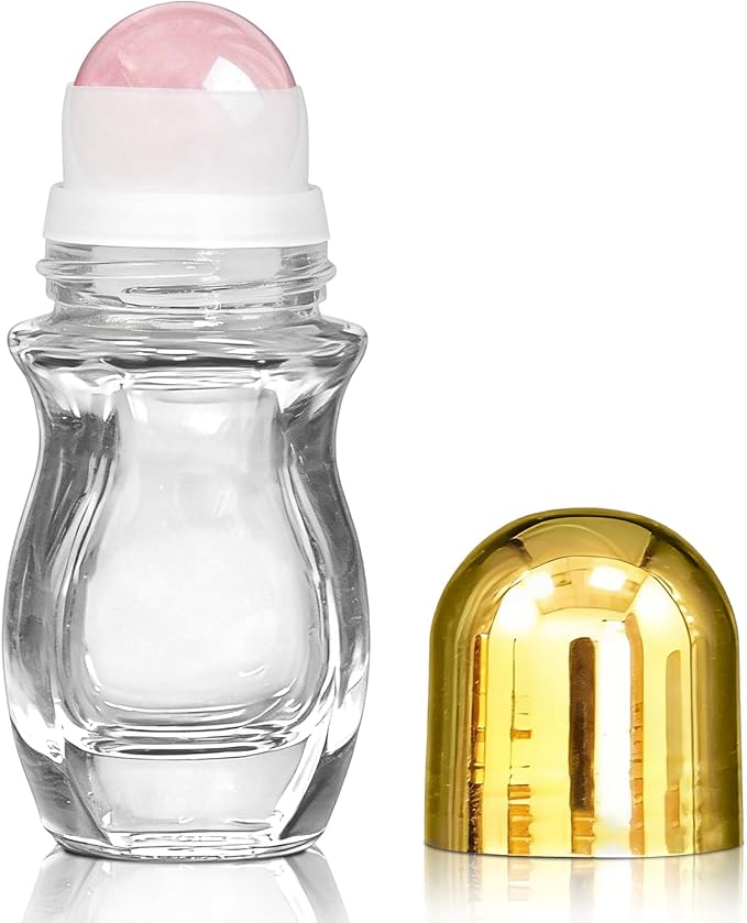 Rose Quartz Roller Waisted Bottles for Essential Oils,30ml Refillable Clear Glass Roll On Bottles with Natural Crystal Roller Balls, Leak-Proof Travel Perfume Bottle with Gold Caps