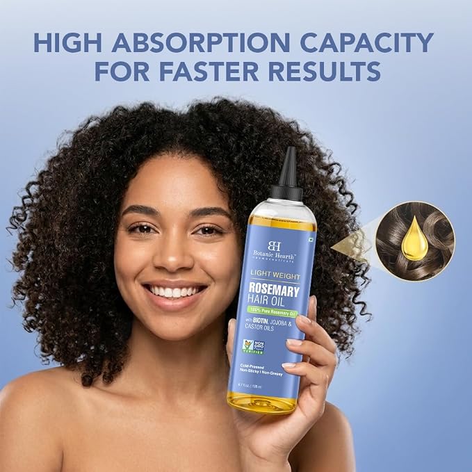 Botanic Hearth Rosemary Hair Oil | 6.7 fl oz | Lightweight Non-Greasy Oil for Fine & Thin Hair | With Rosemary, Castor Oil & Biotin | Smooths Frizz & Adds Shine | Daily Use for Men & Women