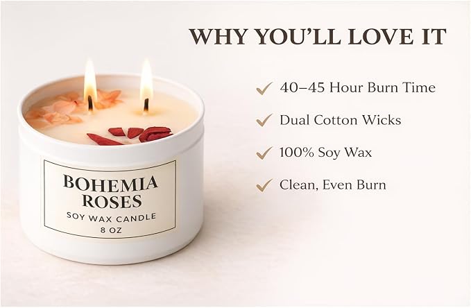 Bohemia Roses Soy Candle – 8 oz Luxury Floral Scented Candle – Romantic Rose Fragrance for Bedroom & Home Décor – Clean Burning Dual Wick – Aqua MARR