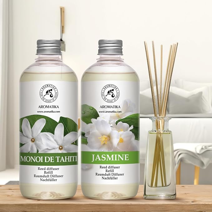 Reed Diffuser Refill Monoi de Tahiti and Jasmine Reed Diffuser Refill - 2 x 17.0 Fl Oz - Room Freshener - Fresh & Long Lasting Fragrance - for Aromatherapy - Gift Idea