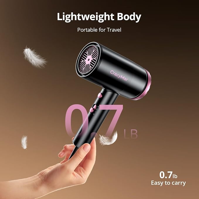 CrazyMar Hair Dryer, 1800W High Speed Blow Dryer for Fast Drying,500 Million Negative Ionic Hair Dryer, No Heat Damage, Lightweight, Blow Dryer with Diffuser for All Hair, Travel, Home (Back-1)