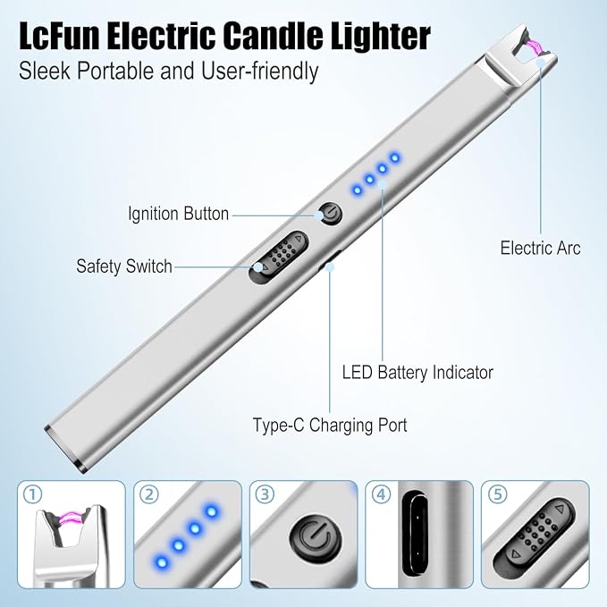 LcFun 2 Pack Candle Lighter Electric USB Rechargeable Plasma Arc Lighter with Safety Lock, Windproof Flameless Long Lighters for Candle, Grill, BBQ, Camping, Gas Stoves (Silver, Rose Gold)