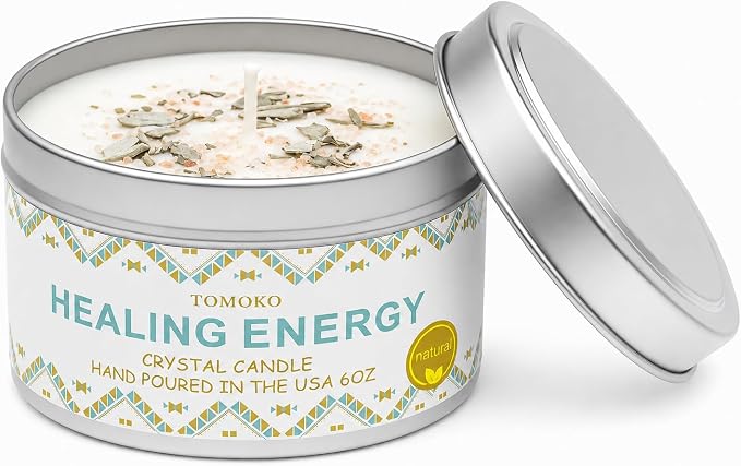 White Sage Candle, Sage Leaf, Himalayan Crystal Salt & Essential Oil, Healing Energy, Crystal Candle