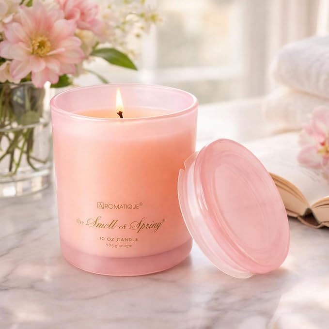 Aromatique The Smell of Spring Foundry Candle Luxury Pink Glass Floral Scented Candles Notes of Hyacinth, Jasmine, Rose, Lily of The Valley, Citrus Hand Poured Elegant Home Fragrance Decor Gifts 10oz