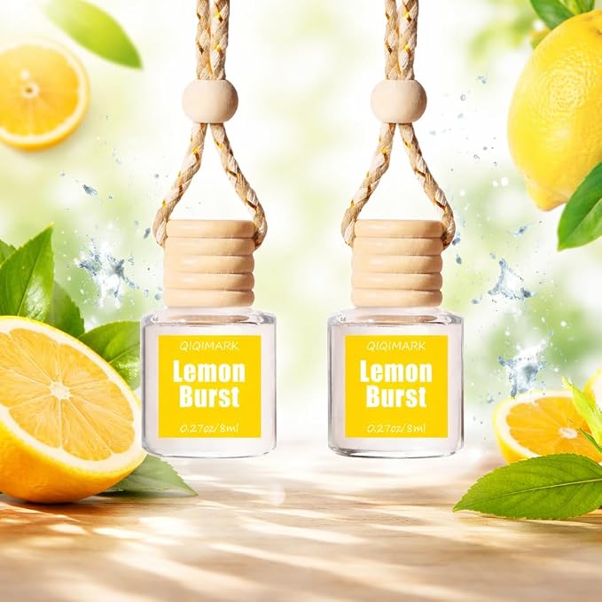 Hanging Car Air Freshener 2 Pack, Lemon Scent Essential Oil Car Diffuser Bottle, Refillable Hanging Auto Aromatherapy Freshener, Long Lasting Odor Eliminator for Car, Truck, SUV