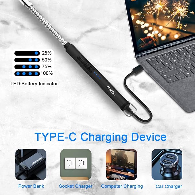 MeeToo Lighter, Electric Candle Rechargeable USB Lighter Plasma Arc for Candle Christmas Birthday Camping Black
