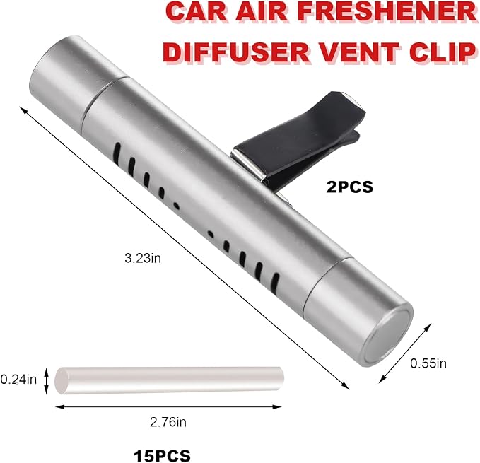 2 PCS Car Air Freshener Diffuser Vent Clips, Refillable Cylindrical Oil Diffuser Clip with 12 Unscented Refill Sticks, Essential Vent Air Freshener Interior Decor for Women Men (Silver)