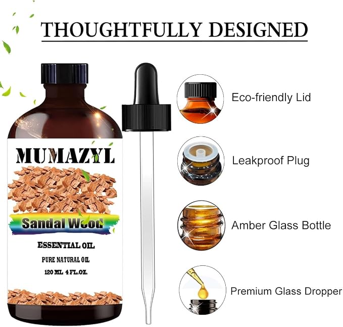 Sandalwood Essential Oil, Sandalwood Oil 4 Fl Oz 120ML for Diffuser Humidifier Yoga Cleaning DIY Candle Soap Making MUMAZYL Essential Oils