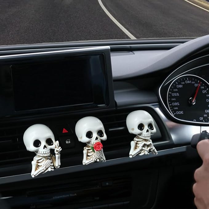 Set of 3 Halloween Skull Decor Cute Car Air Freshener Vent Clips, Resin Skeleton Holding Rose Car Diffuser Romantic Dashboard Decorations Auto Interior Accessories for Men Women