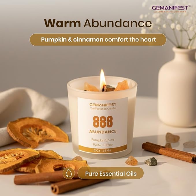 Angel Number 888 Manifestation Candle Crystal Infused Soy Wax with Citrine and Pyrite Pumpkin Spice Scented Spiritual Gift for Abundance and Energy Alignment