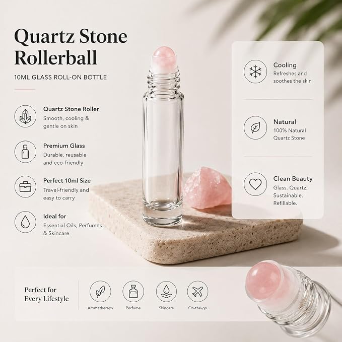 Rose Quartz Roller Ball Bottle for Castor Oil - 10ml Refillable Empty Glass Roll-On for Essential Oils, Organic Castor Oil, Perfume & Skincare - Leak-Proof Travel Size Quartz Stone Rollerball (5pcs)