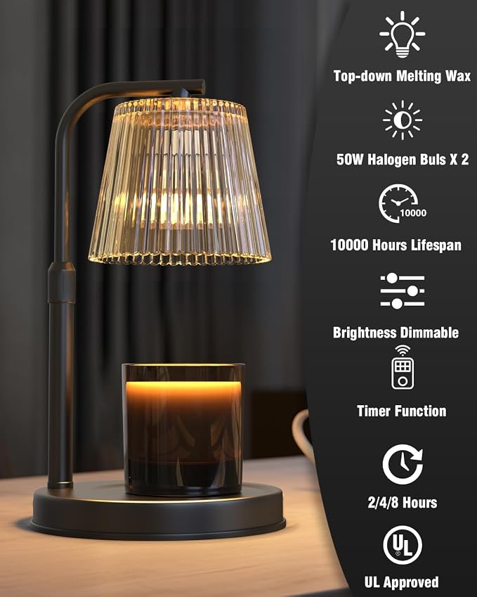 Candle Warmer Lamp with Timer Dimmable - Adjustable Electric Wax Melt Warmer Scented Large Jar Candles Lights, House Warming Birthday Gifts for Women, Glass Vintage New Home Living Room Decor, Dark