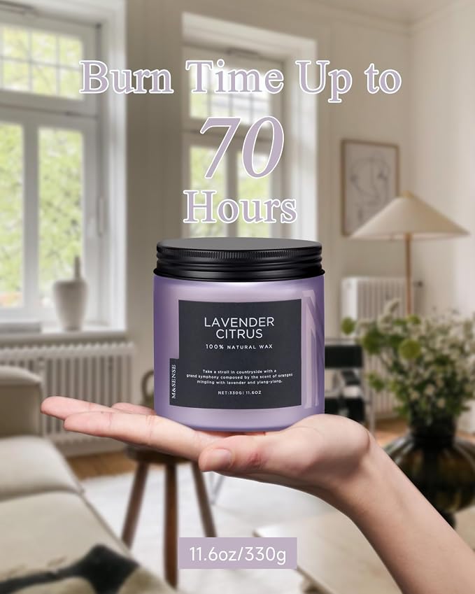 M&SENSE Lavender Citrus Home Scented Candles, 11.6oz Natural Soy Wax, 70 Hours Long Burning, Organic Candles Non Toxic, Aromatherapy Smelling for Mom, Home Fragrance for Meditation Relaxation