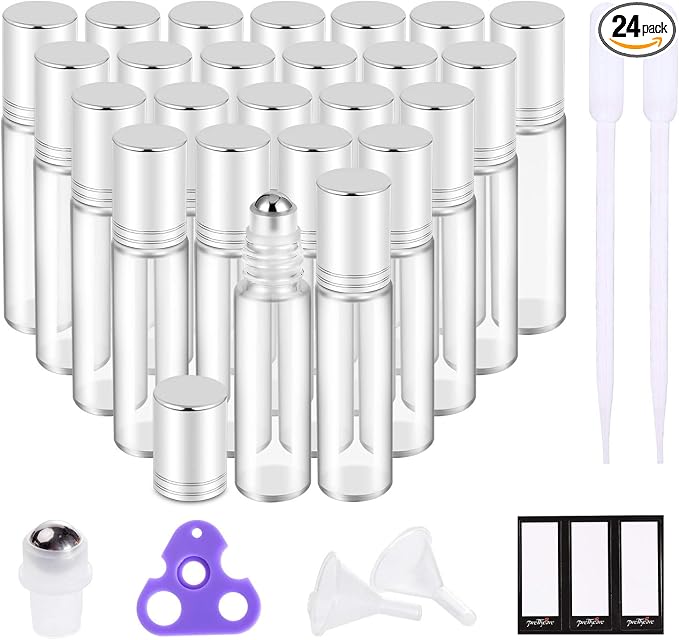 PrettyCare Set of 24, 10 ml Essential Oil Roller Bottles with Stainless Steel Roller Ball - Refillable Leak-proof Empty Thick Clear Glass Roll on Bottles with Silver Metal Caps for Travel, Perfume