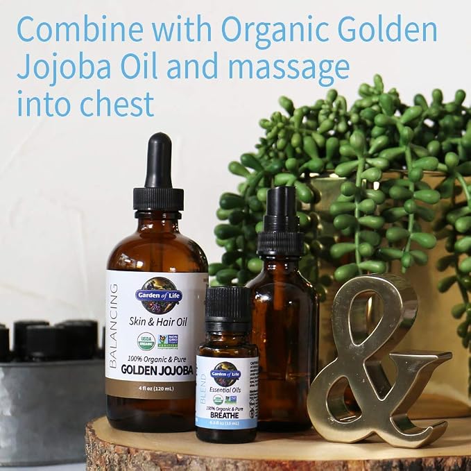 Garden of Life Essential Oil Breathe Blend – 100% Pure Rosemary, Black Spruce & Fir Balsam Essential Oil for Diffuser, Home, Skin & Body Care, Clarifying and Focusing, USDA Organic, Non-GMO, 0.5 fl oz