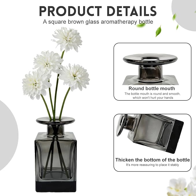 150ml/5oz Glass Square Wide Mouth Diffuser Bottle Empty Refillable Essential Oil Jar Perfume Container Home Fragrance Scented Oils Holder for Bathroom Décor (Translucent Gray)