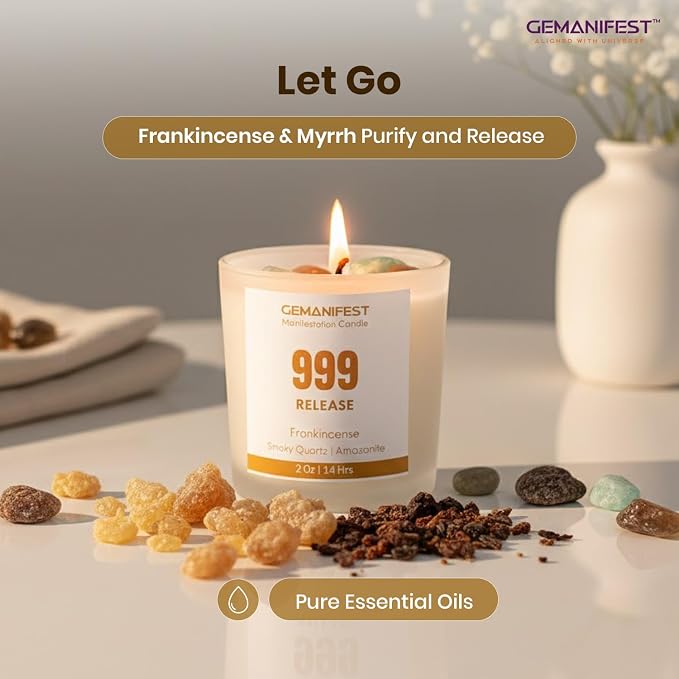 Angel Number 999 Manifestation Candle Crystal Infused Soy Wax with Smoky Quartz and Amazonite Frankincense Scented Spiritual Gift for Release and Energy Alignment