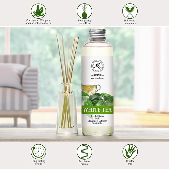 Refill Reed Diffuser White Tea 6.8 Fl Oz (200 ml) - with White Tea Essential Oil - Good Mood - Home Fragrance - Warm Scent - Air Freshener for Bathroom Bedroom Kitchen - Aromatherapy - Nice Smell