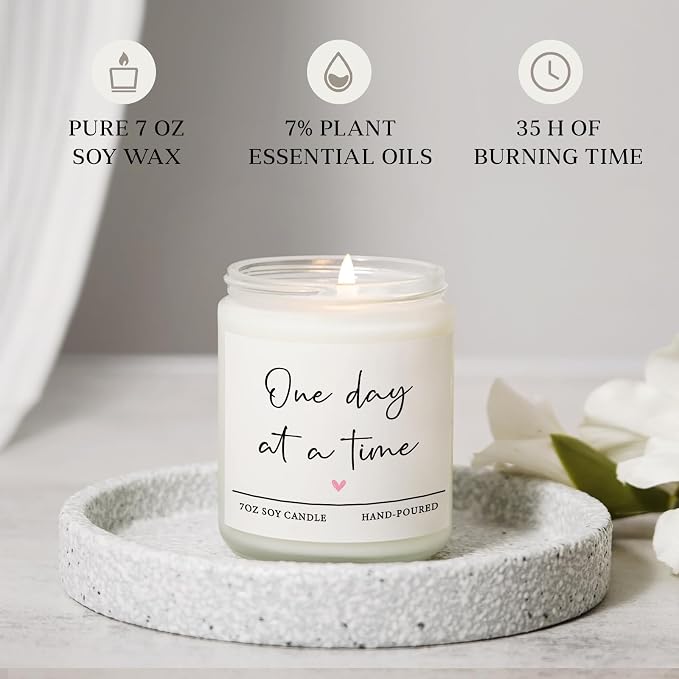 Shqiueos Get Well Gifts for Women Men, Thinking of You Gift-One Day at A Time Lavender Scented Candle 7oz, Inspirational Breast Cancer Care Present, Encouragement Sympathy Bereavement Christmas Gift